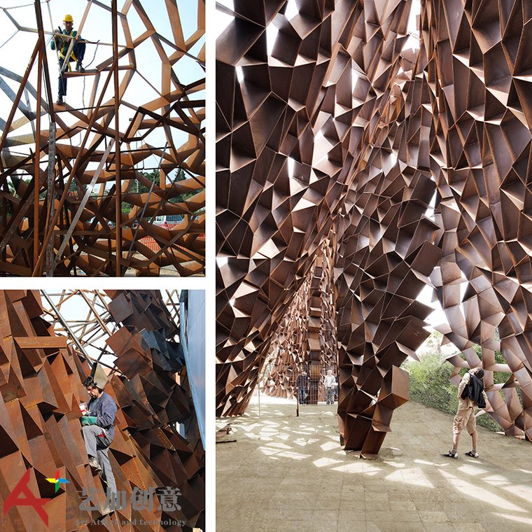 耐候钢在景观中的应用·环绕酒店的不规则耐候钢墙 耐候钢在景观中的应用·环绕酒店的不规则耐候钢墙